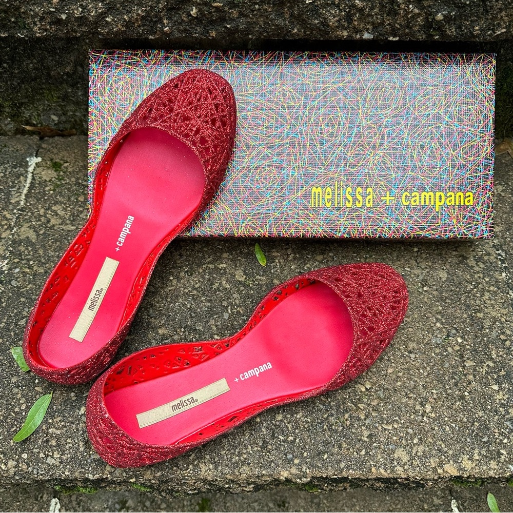 New Melissa + Campana Dorothy Ruby Red Glitter Jelly Slippers